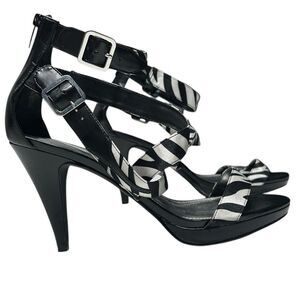 Apostrophe Black and White Zebra Print Strappy Heels Size 9.5